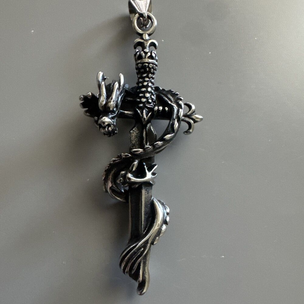 Dagger Wings Snake Black Cubic Zirconia 24” Chain Stainless Steel Viking Gothic